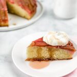 slice of rhubarb cake with sauce drizzle