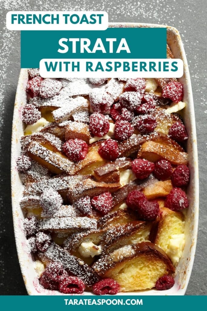 Pinterest graphic for French Toast Bake with Cream Cheese and Raspberries recipe on Tara Teaspoon.