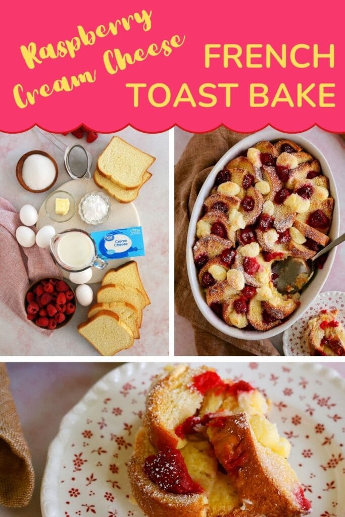 Pinterest graphic for Raspberry Bread Pudding French Toast Bake recipe for Tara Teaspoon