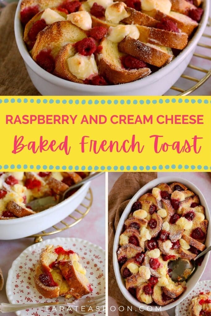 Pinterest graphic for Raspberry Bread Pudding French Toast Bake recipe for Tara Teaspoon