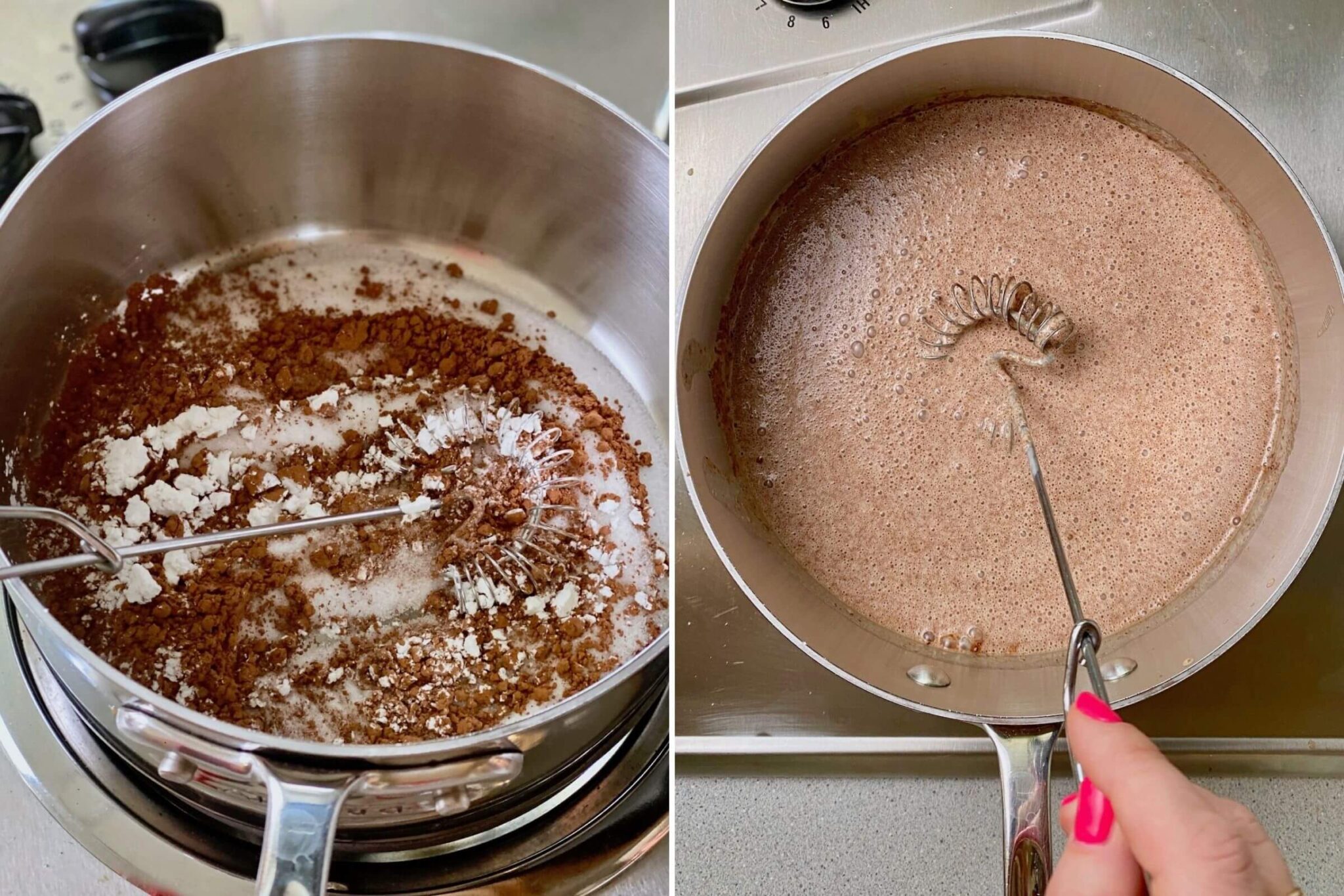 adding ingredients to pan for chocolate ice cream