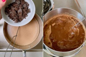 adding chocolate to ice cream mixture on stove