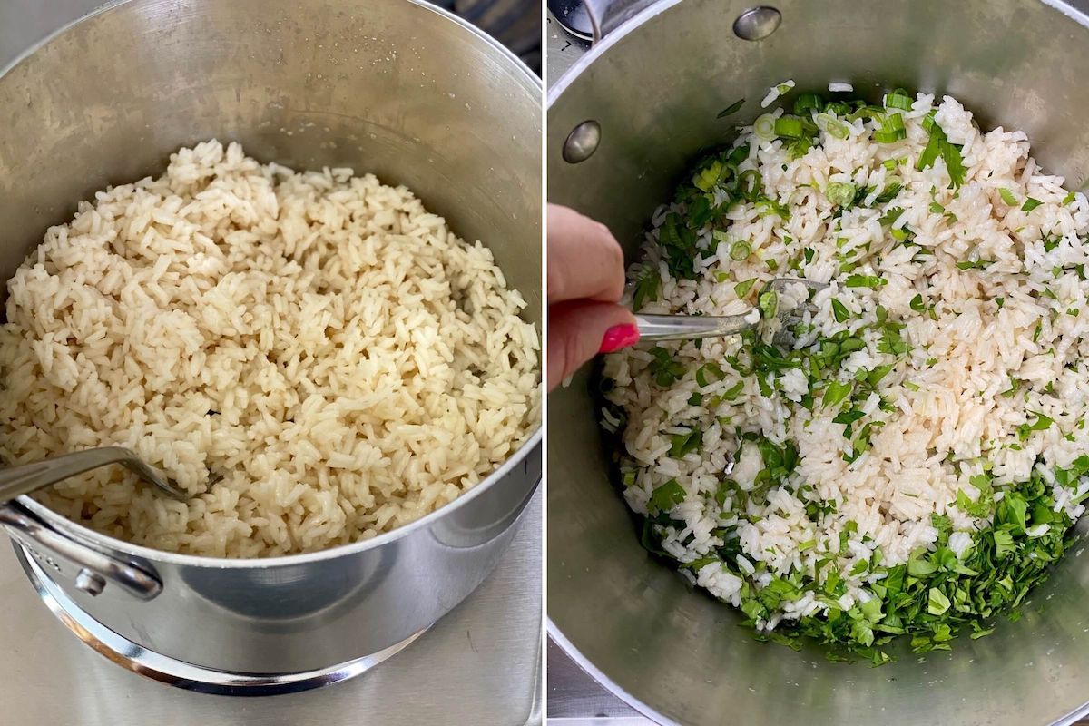 adding cilantro to lime rice