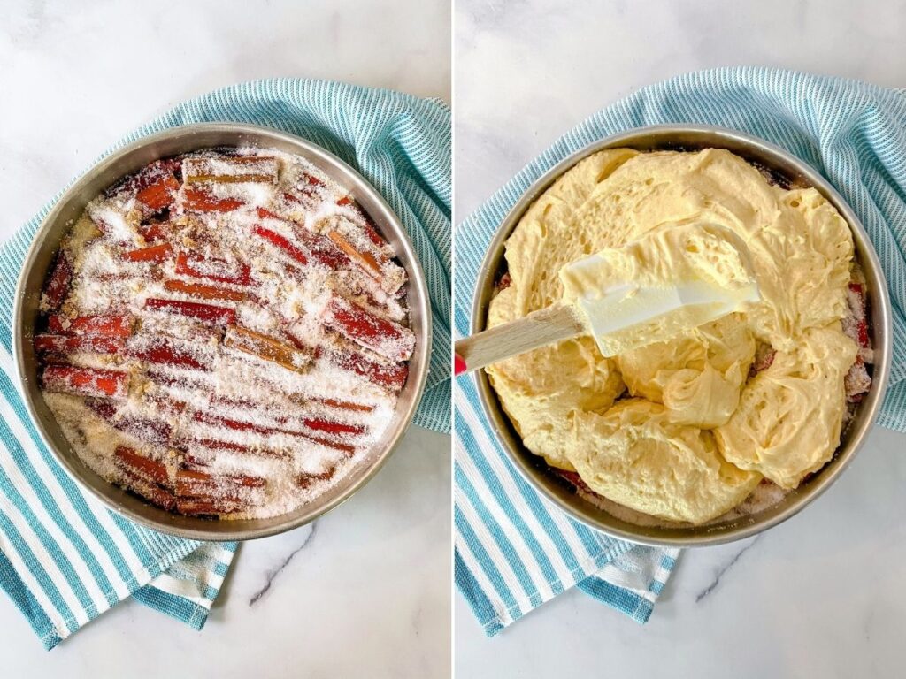 rhubarb and sugar in a pan with batter getting spread on top