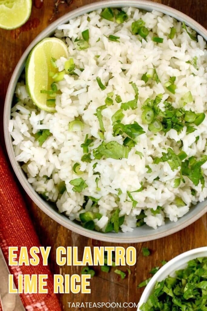 Pinterest graphic for Cilantro Lime Rice recipe on Tara Teaspoon.