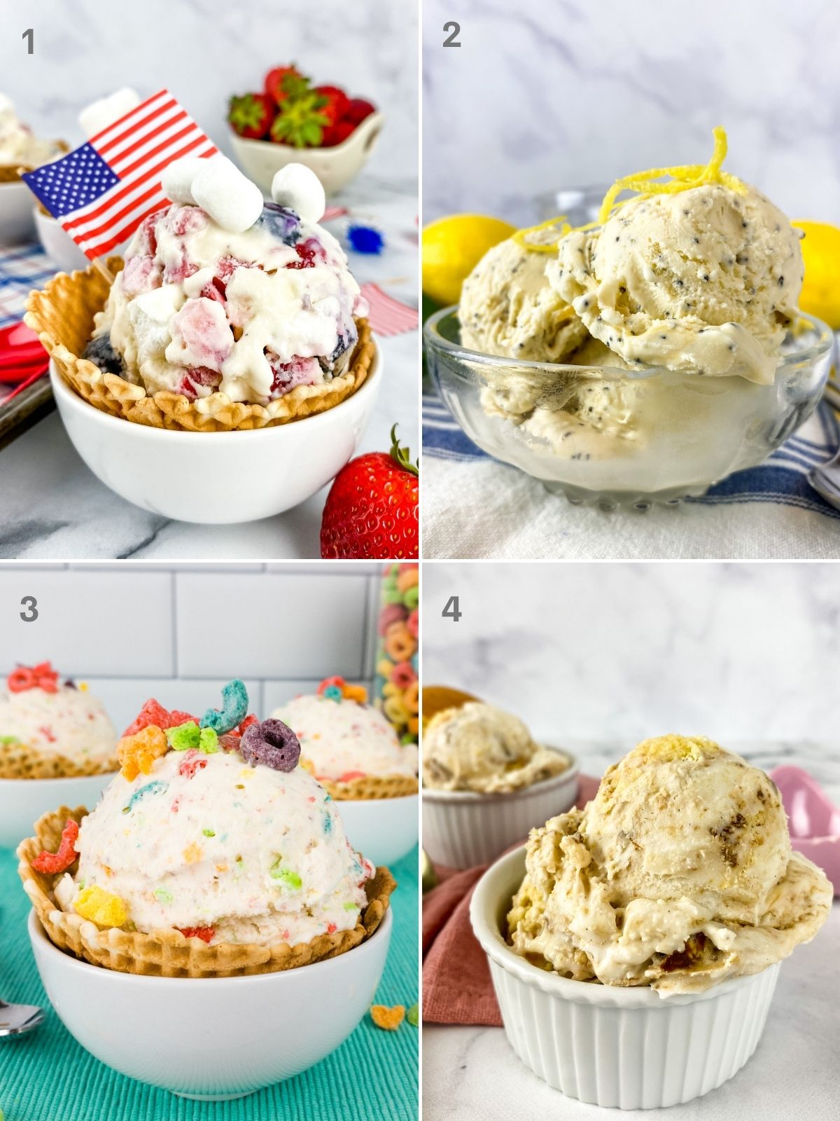 Four vanilla ice cream flavors with berries and cold cereal