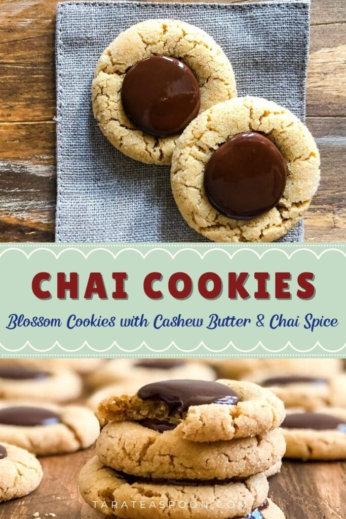 Pinterest graphic for Blossom Cookies with Cashew Butter and Chai Spice (Chai Cookies) recipe on Tara Teaspoon.