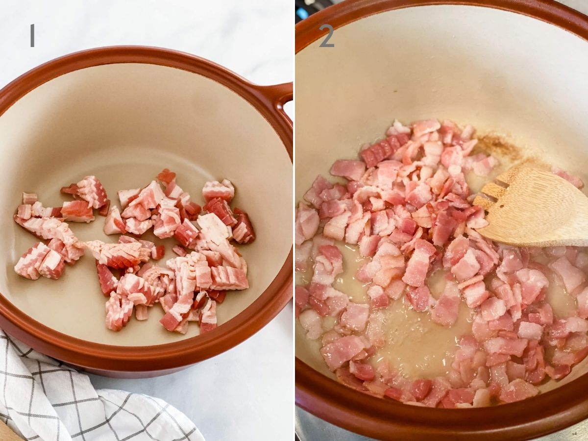raw bacon cooking for baked beans