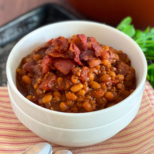 bowl of boston baked beans with bacon