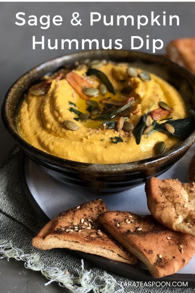 Pinterest graphic for Sage and Pumpkin Hummus Dip recipe on Tara Teaspoon.