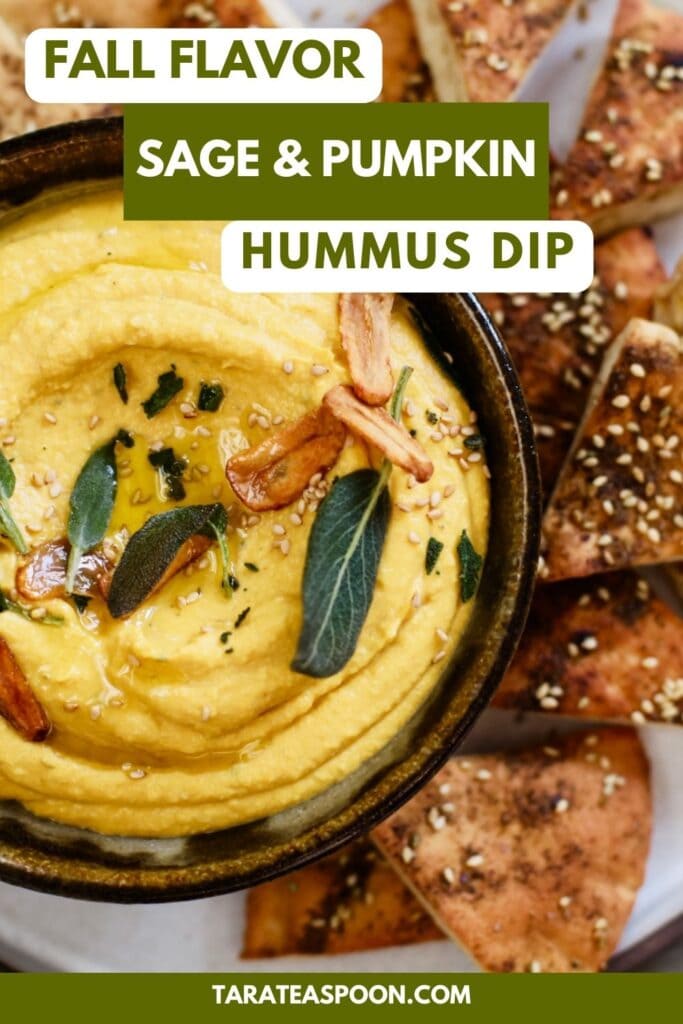Pinterest graphic for Sage and Pumpkin Hummus Dip recipe on Tara Teaspoon.