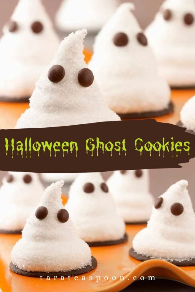 Pinterest. graphic for Marshmallow Ghost Cookies recipe on Tara Teaspoon