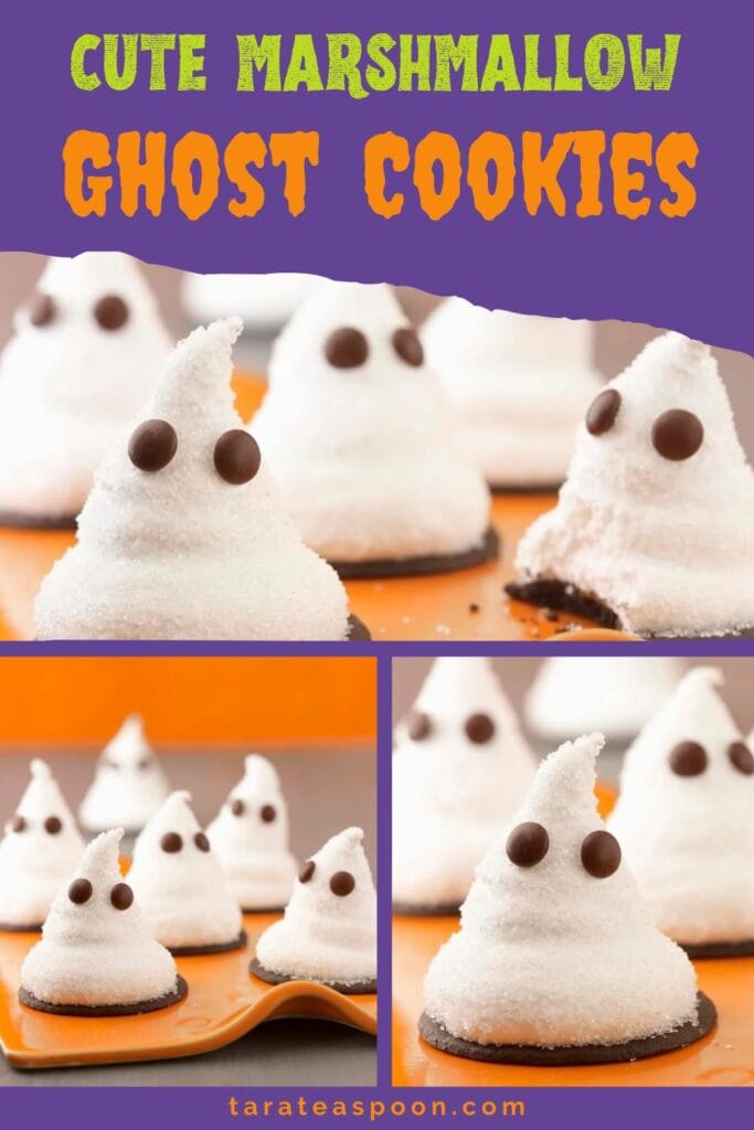 Pinterest. graphic for Marshmallow Ghost Cookies recipe on Tara Teaspoon