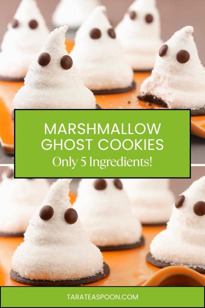 Pinterest graphic of Marshmallow Ghost Cookies recipe on Tara Teaspoon.