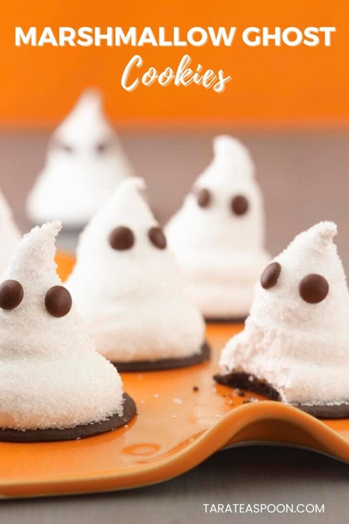 Pinterest graphic of Marshmallow Ghost Cookies recipe on Tara Teaspoon.