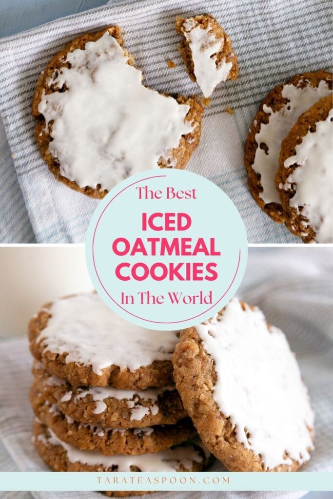Pinterest graphic for Iced Oatmeal Cookies recipe on tara Teaspoon