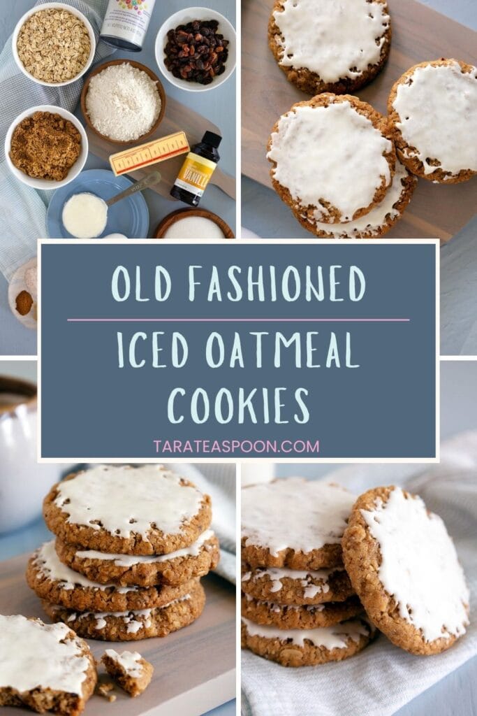 Pinterest graphic for Iced Oatmeal Cookies recipe on tara Teaspoon