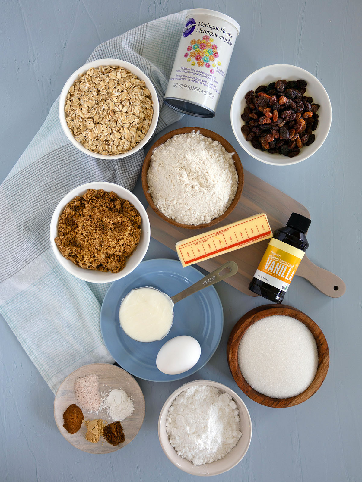 Ingredients needed to make iced oatmeal cookies.