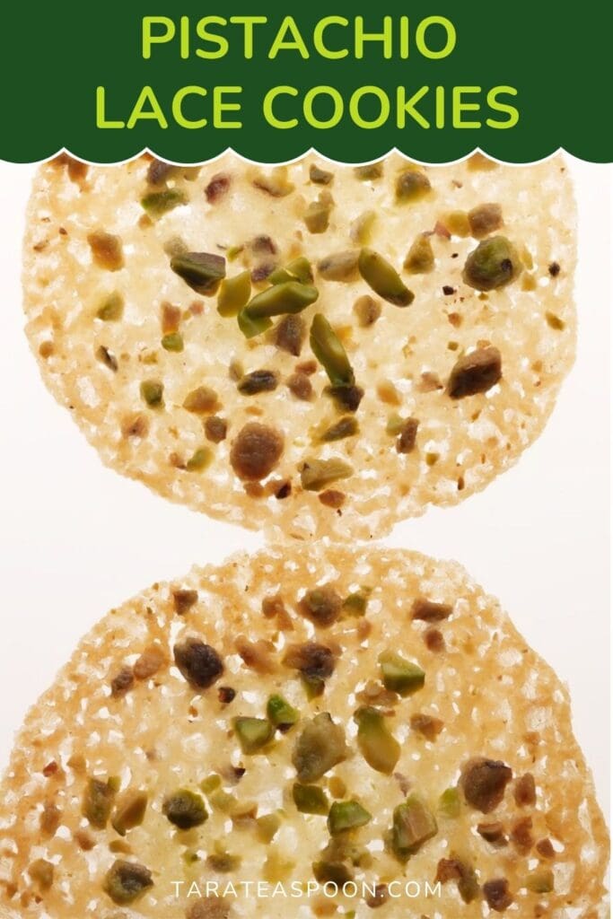 Pinterest graphic for Pistachio Lace Cookies recipe on Tara Teaspoon.