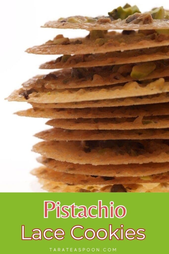Pinterest graphic for Pistachio Lace Cookies recipe on Tara Teaspoon.