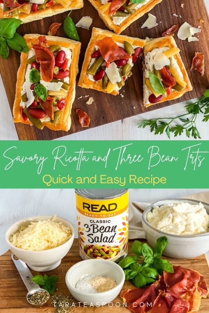 Pinterest graphic for Savory Ricotta and Three Bean Tarts recipe on Tara Teaspoon.