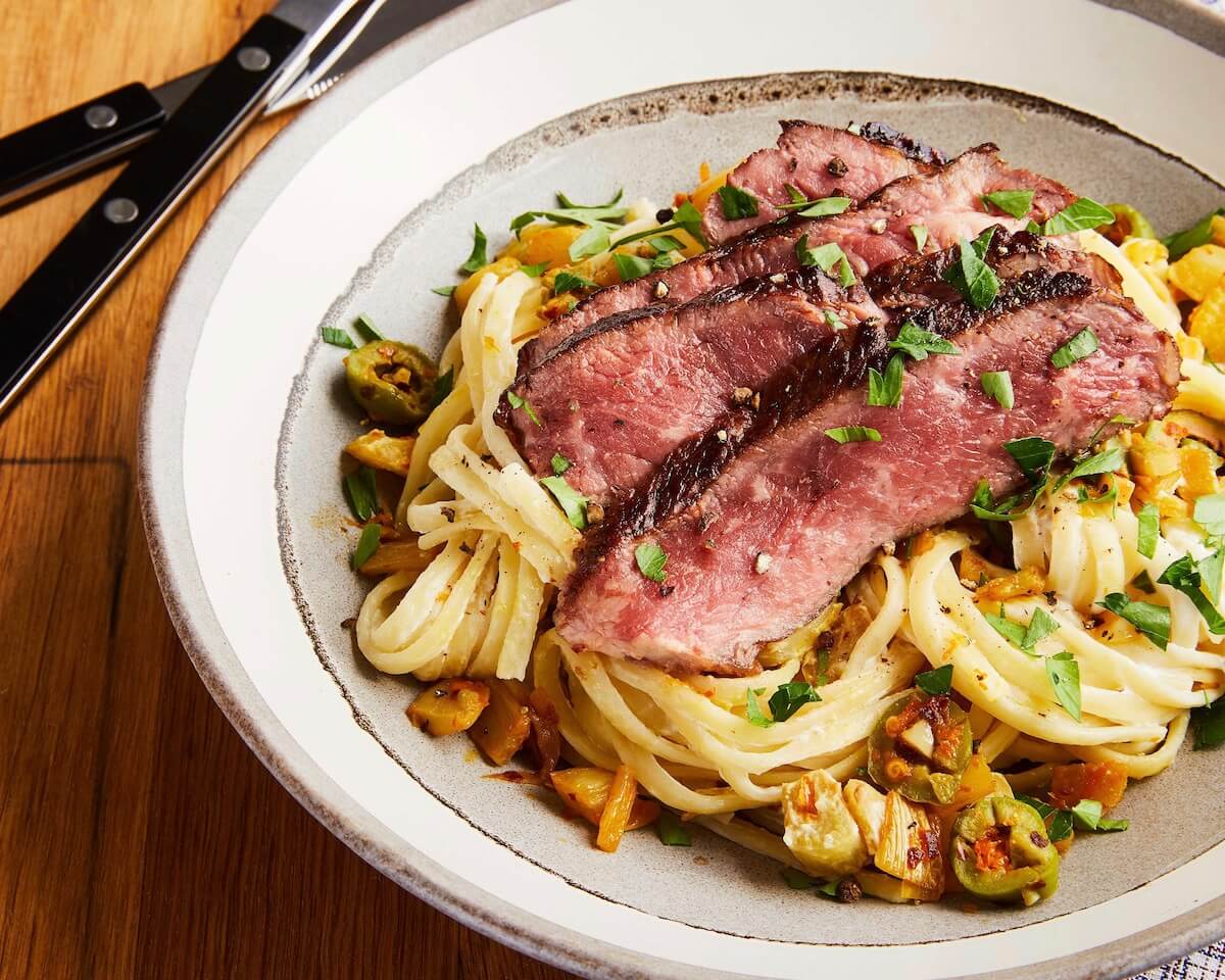Seared Strip Loin with Linguini with Fennel and Olives - Tara Teaspoon