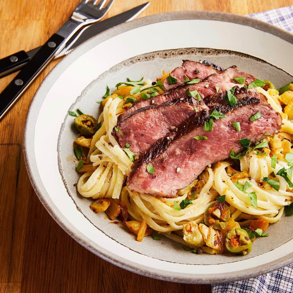 Seared Strip Loin with Linguini with Fennel and Olives - Tara Teaspoon