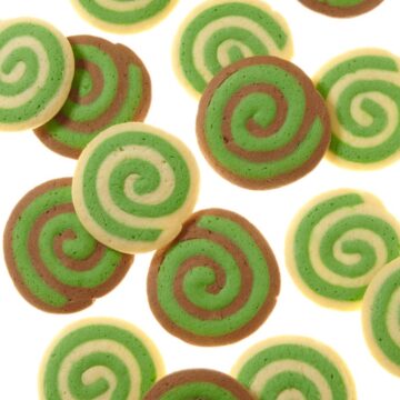 sugar cookies with green and chocolate swirls