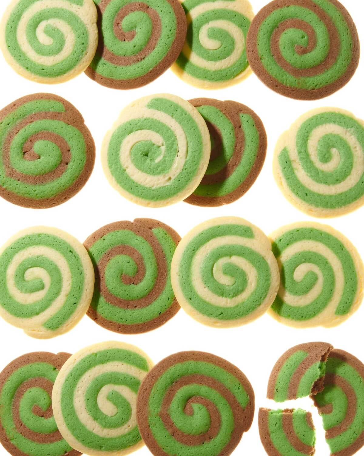 green spiral cookies in rows