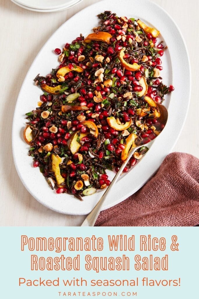 Pinterest graphic for Pomegranate Wild Rice and Roasted Squash recipe on Tara Teaspoon.