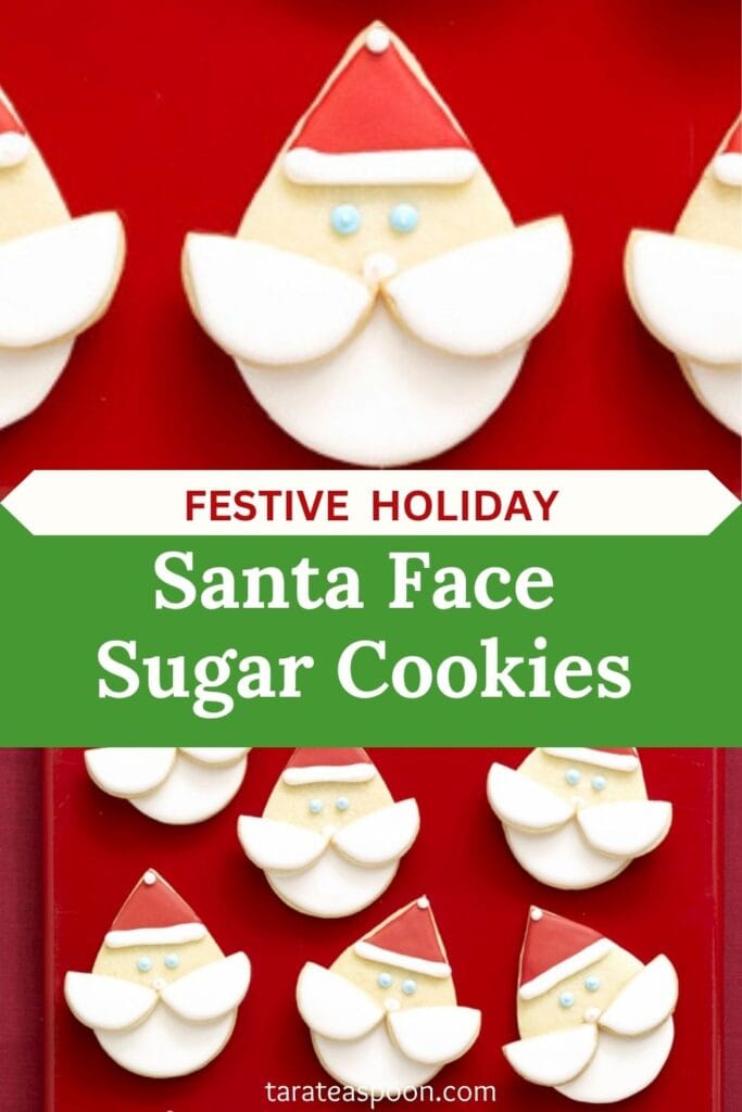 Pinterest graphic for Santa Face Sugar Cookies recipe on Tara Teaspoon.
