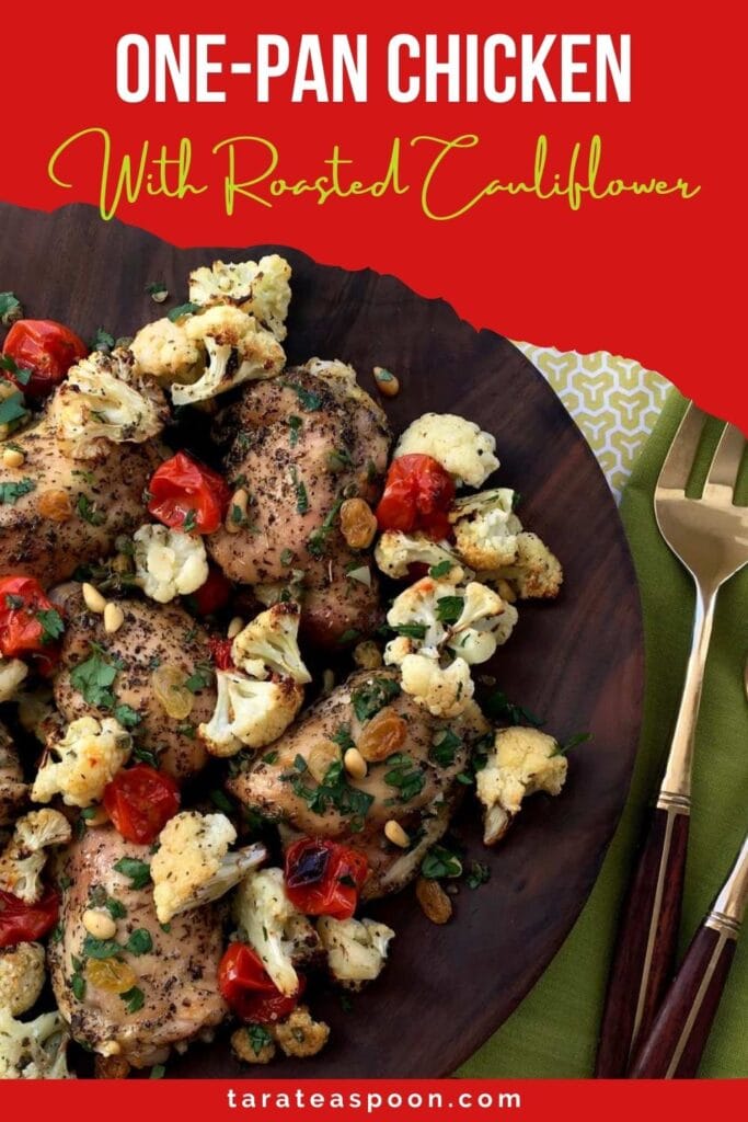 Pinterest graphic for Sheet Pan Chicken and Cauliflower recipe on Tara Teaspoon.