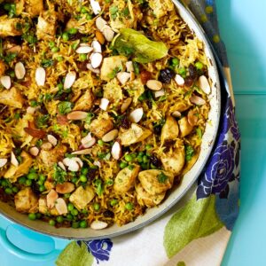 Indian biryani with chicken and peas