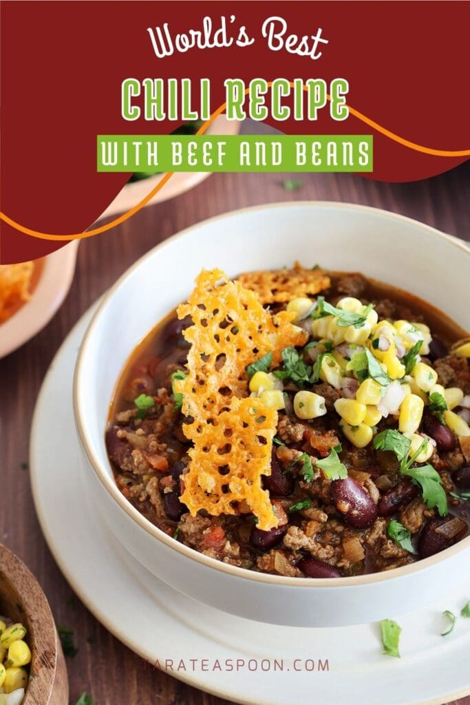 Pinterest graphic for Classic Chili with Beef and Beans (Chili for a Crowd) recipe on Tara Teaspoon