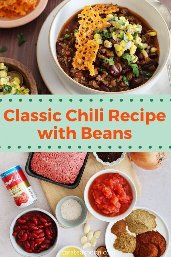 Pinterest graphic for Classic Chili with Beef and Beans (Chili for a Crowd) recipe on Tara Teaspoon