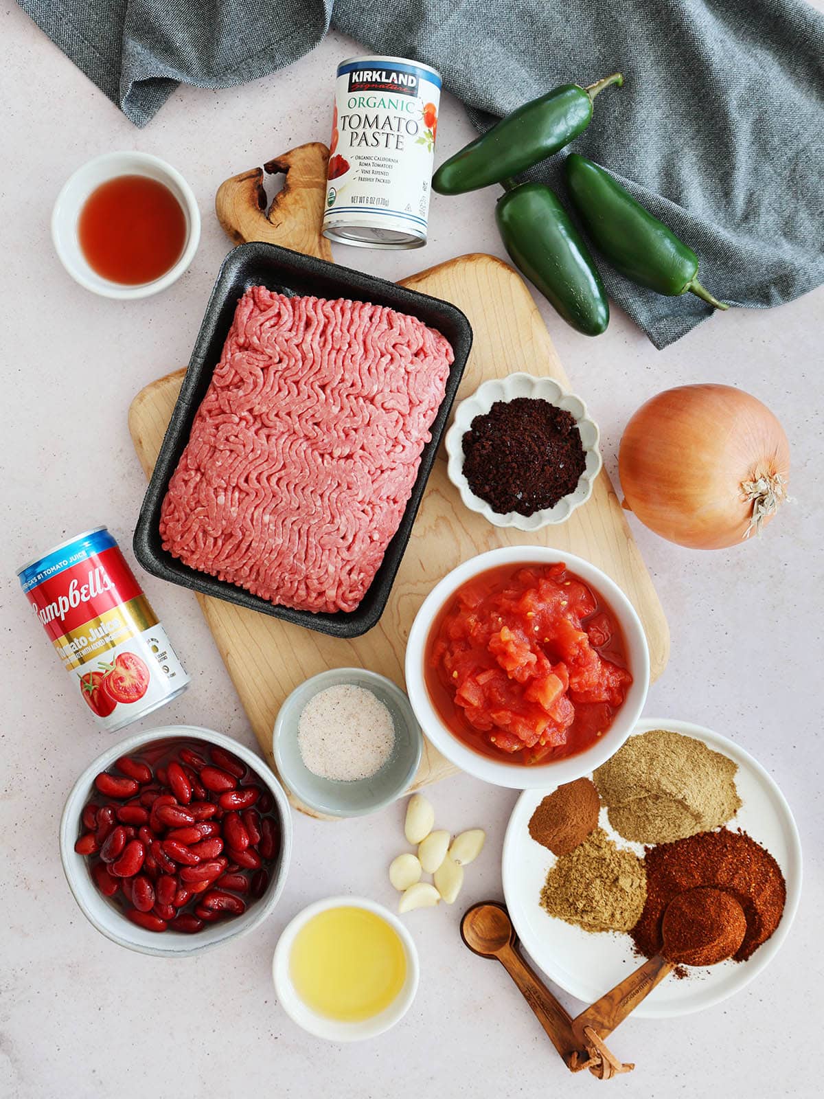 Top view of ingredients needed to make chili. 