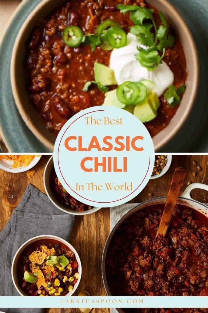 Pinterest graphic for Classic Chili with Beef and Beans recipe on Tara Teaspoon.