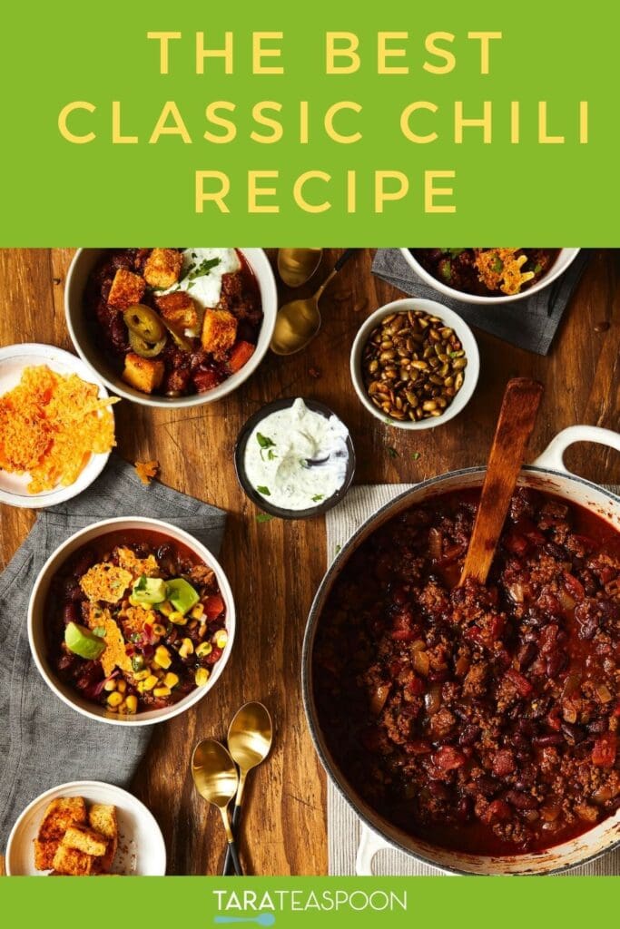 Pinterest graphic for Classic Chili with Beef and Beans recipe on Tara Teaspoon.