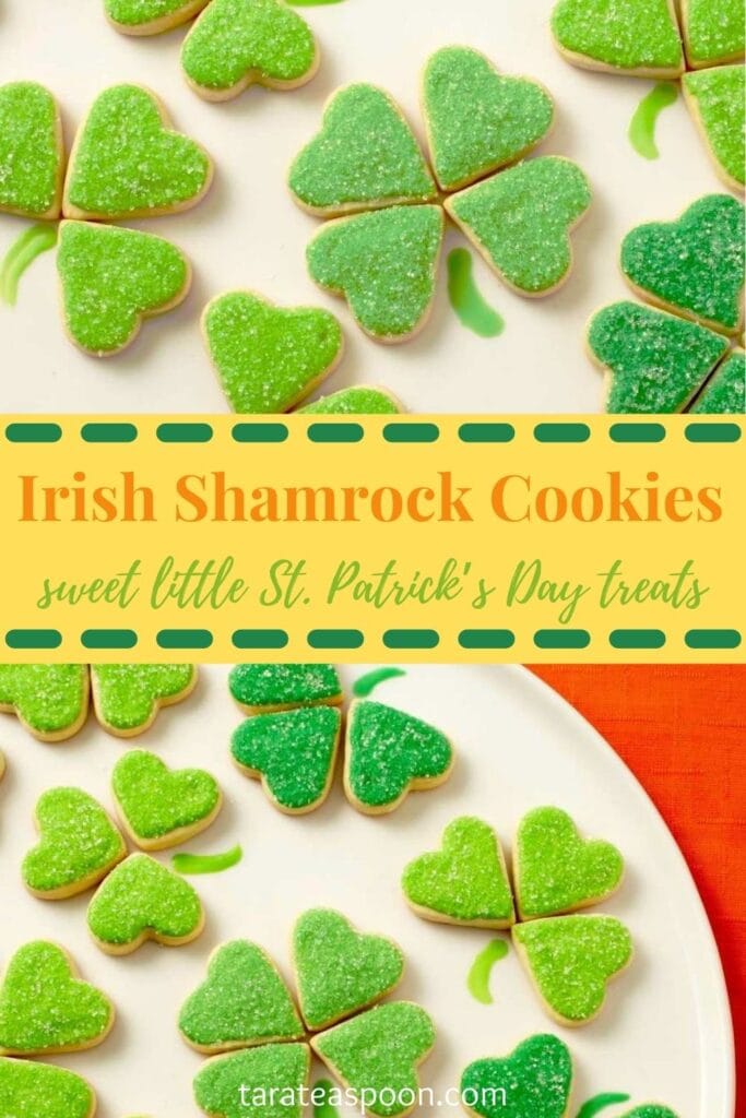 Pinterest graphic for Irish Shamrock Cookies recipe on Tara Teaspoon