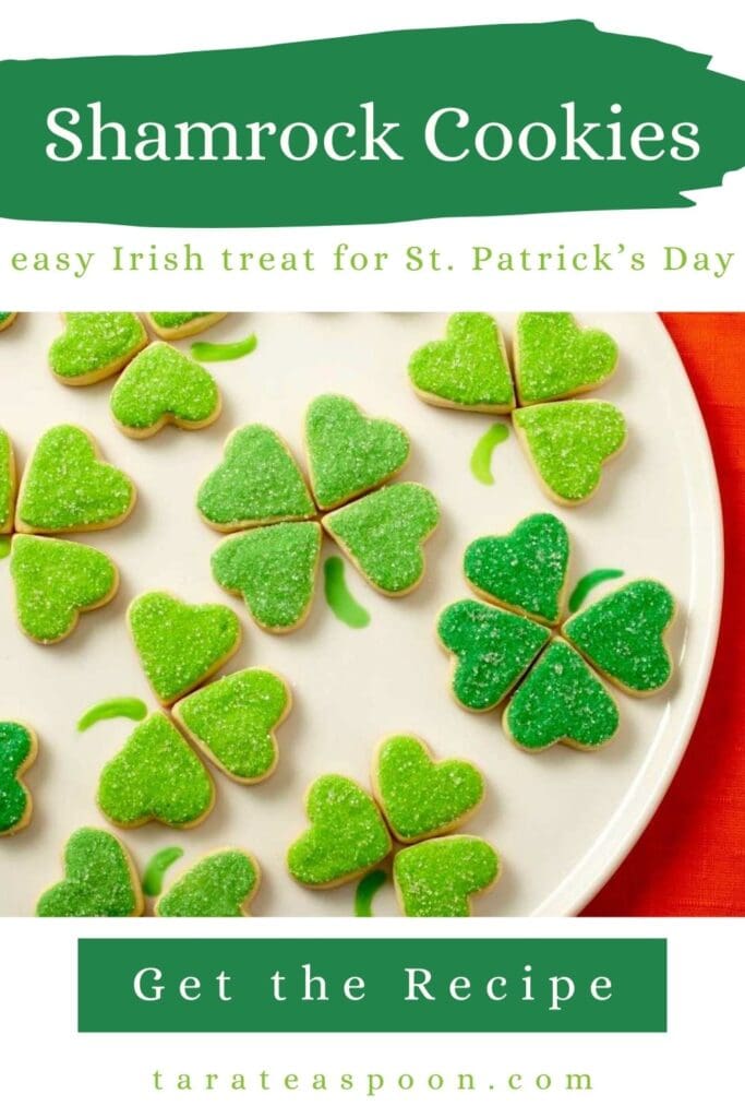 Pinterest graphic for Irish Shamrock Cookies recipe on Tara Teaspoon