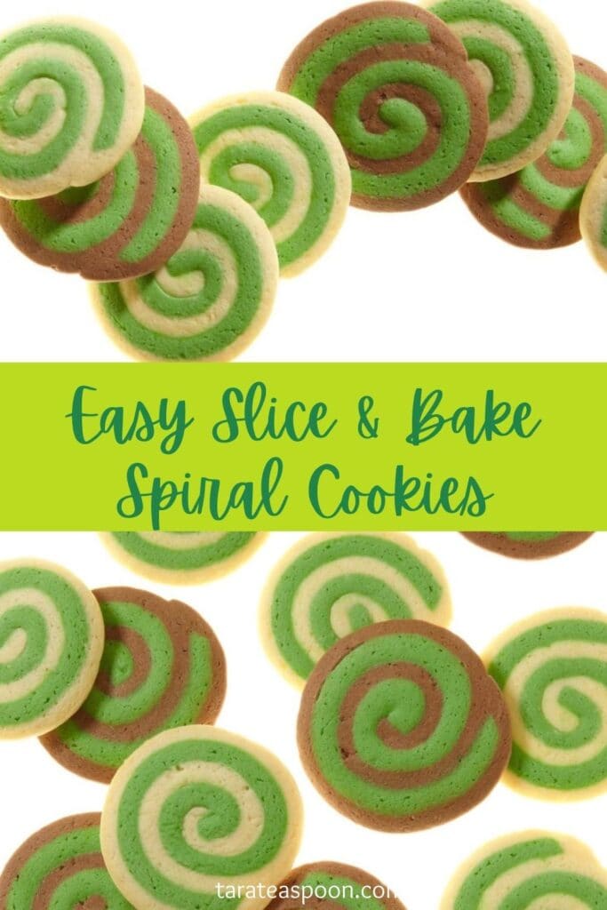 Pinterest graphic for Slice and Bake Spiral Cookies recipe on Tara Teaspoon