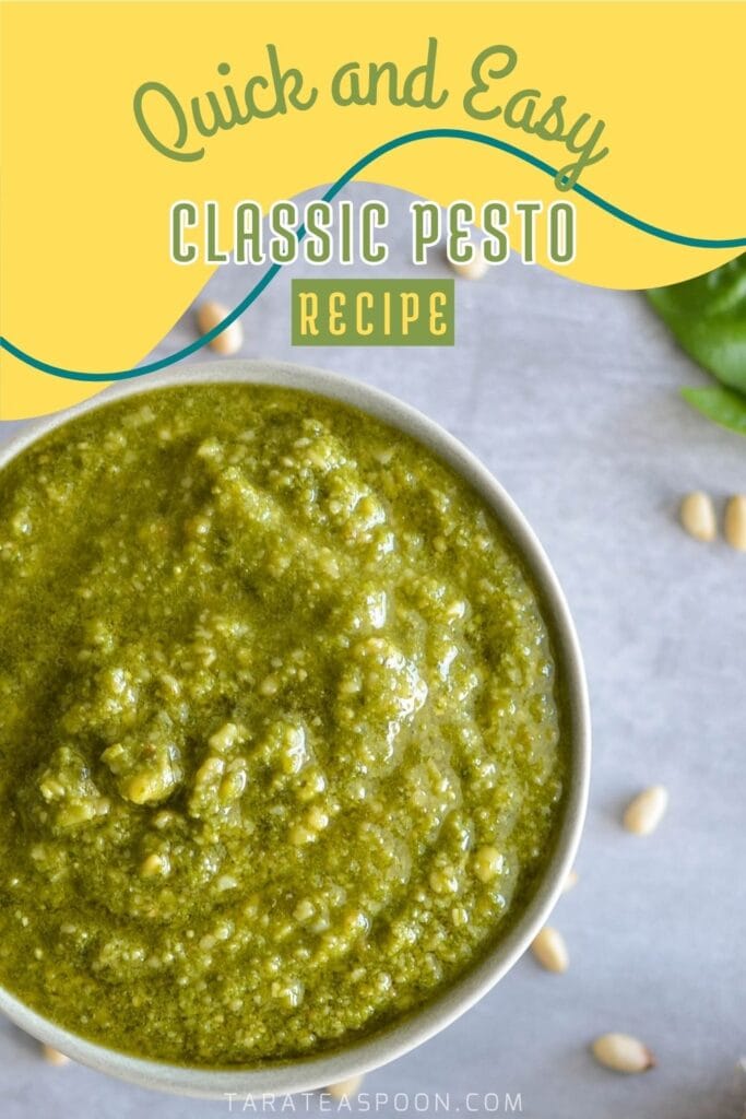 Pinterest graphic for Classic Pesto recipe on Tara Teaspoon.