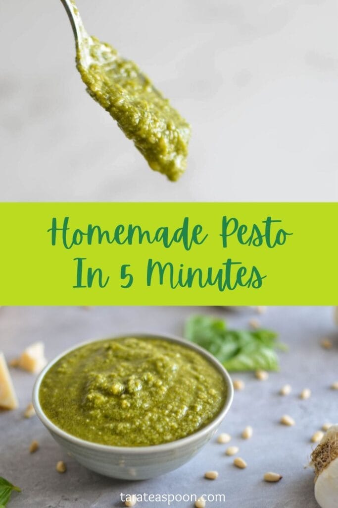 Pinterest graphic for Classic Pesto recipe on Tara Teaspoon.