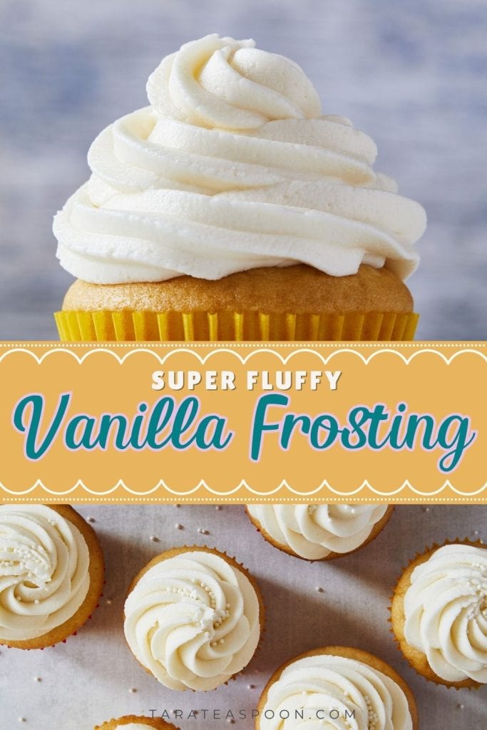 Fluffy Vanilla Frosting pinterest image of single cupcake with frosting over multiple cupcakes on table