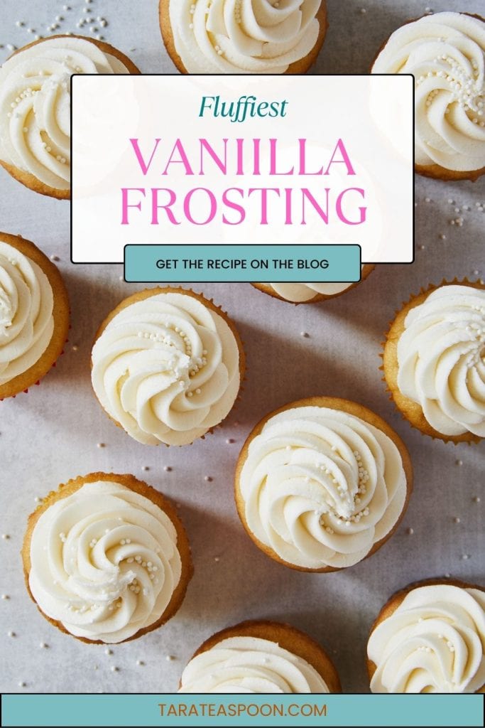 Fluffy Vanilla Frosting pinterest image of cupcakes with shadows