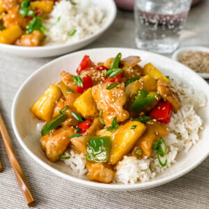 one bowl close up of sweet and sour chicken