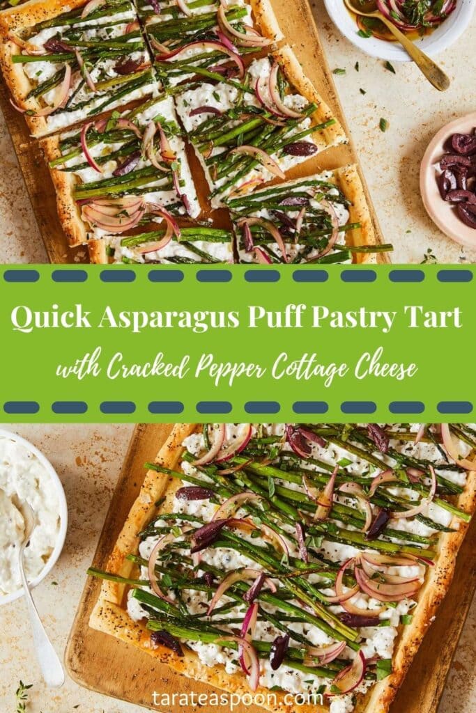 Pinterest graphic for Asparagus Puff Pastry Tart recipe on Tara Teaspoon.