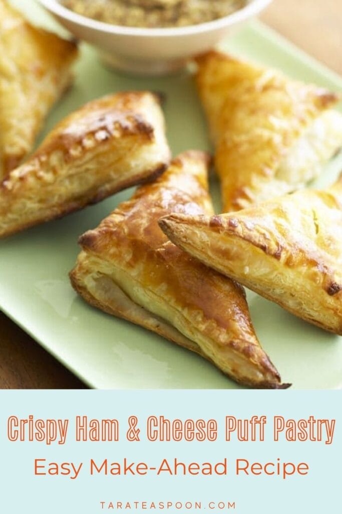 Pinterest graphic for Ham and Gruyere Mini Turnovers recipe on Tara Teaspoon.