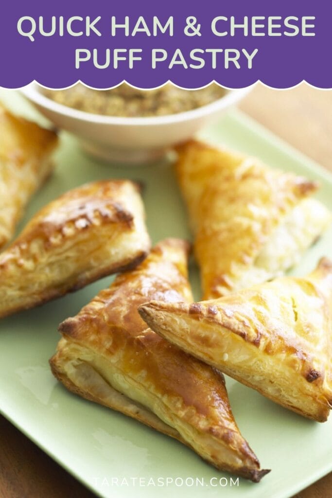 Pinterest graphic for Ham and Gruyere Mini Turnovers recipe on Tara Teaspoon.