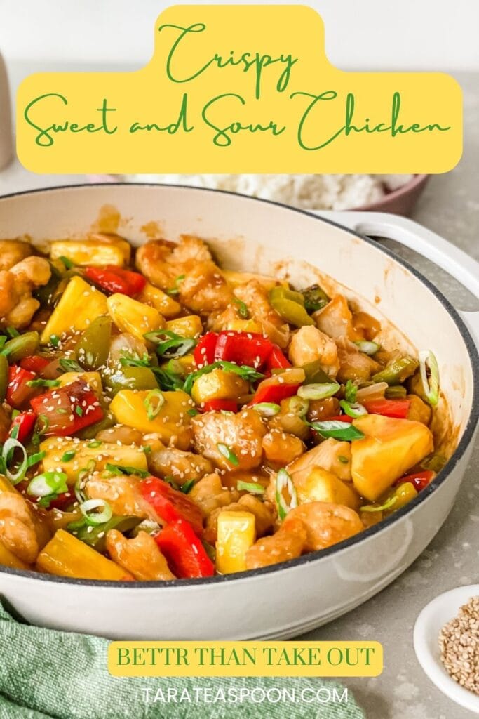 Pinterest graphic for Sweet and Sour Chicken recipe on Tara Teaspoon